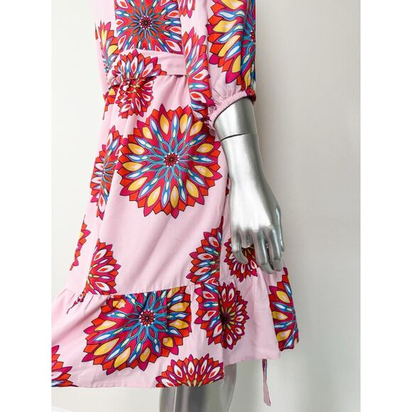 GibsonLook Mandala Mini Dress Pink Multi V Neck Boho Ruffle Hem xs - Picture 3 of 9